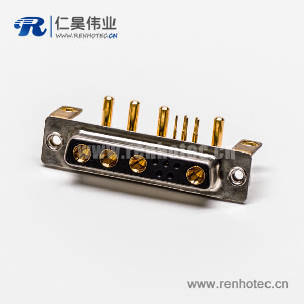 D SUB大电流连接器9W4弯式焊板带支架铆锁母座接PCB