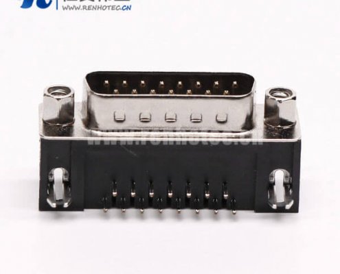 D-Sub15连接器插座公头弯式90°黑胶铆锁接PCB板