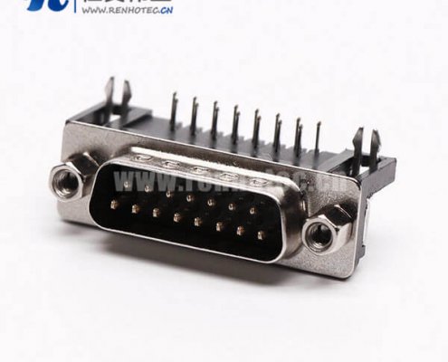 D-Sub15连接器插座公头弯式90°黑胶铆锁接PCB板