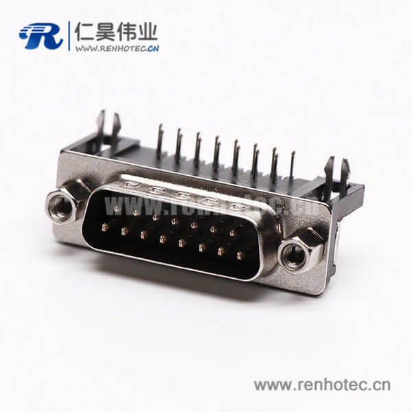 D-Sub15连接器插座公头弯式90°黑胶铆锁接PCB板